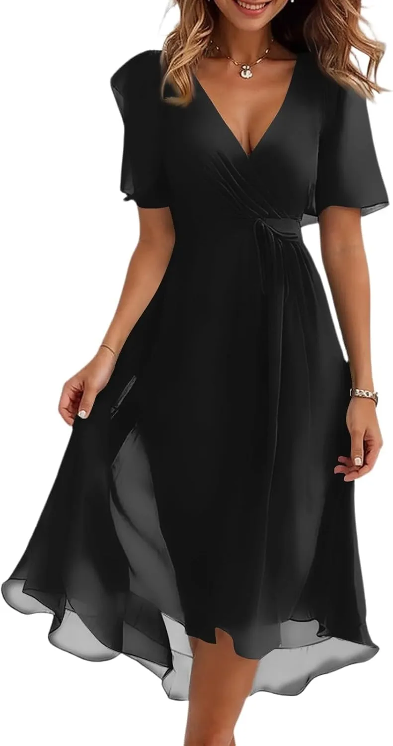 Summer Women's Tunic Dress Casual Fashion Solid Color Short Sleeve Deep V Neck Strapless Pleated Hem Dresses