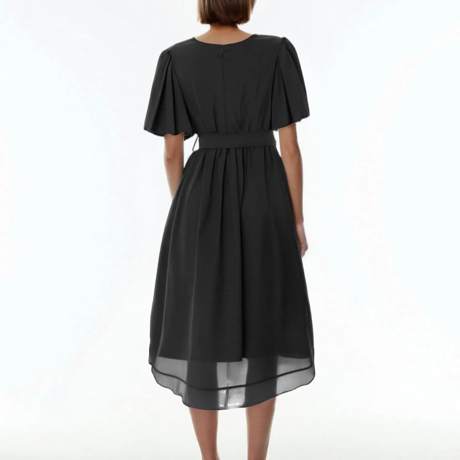 Summer Women's Tunic Dress Casual Fashion Solid Color Short Sleeve Deep V Neck Strapless Pleated Hem Dresses