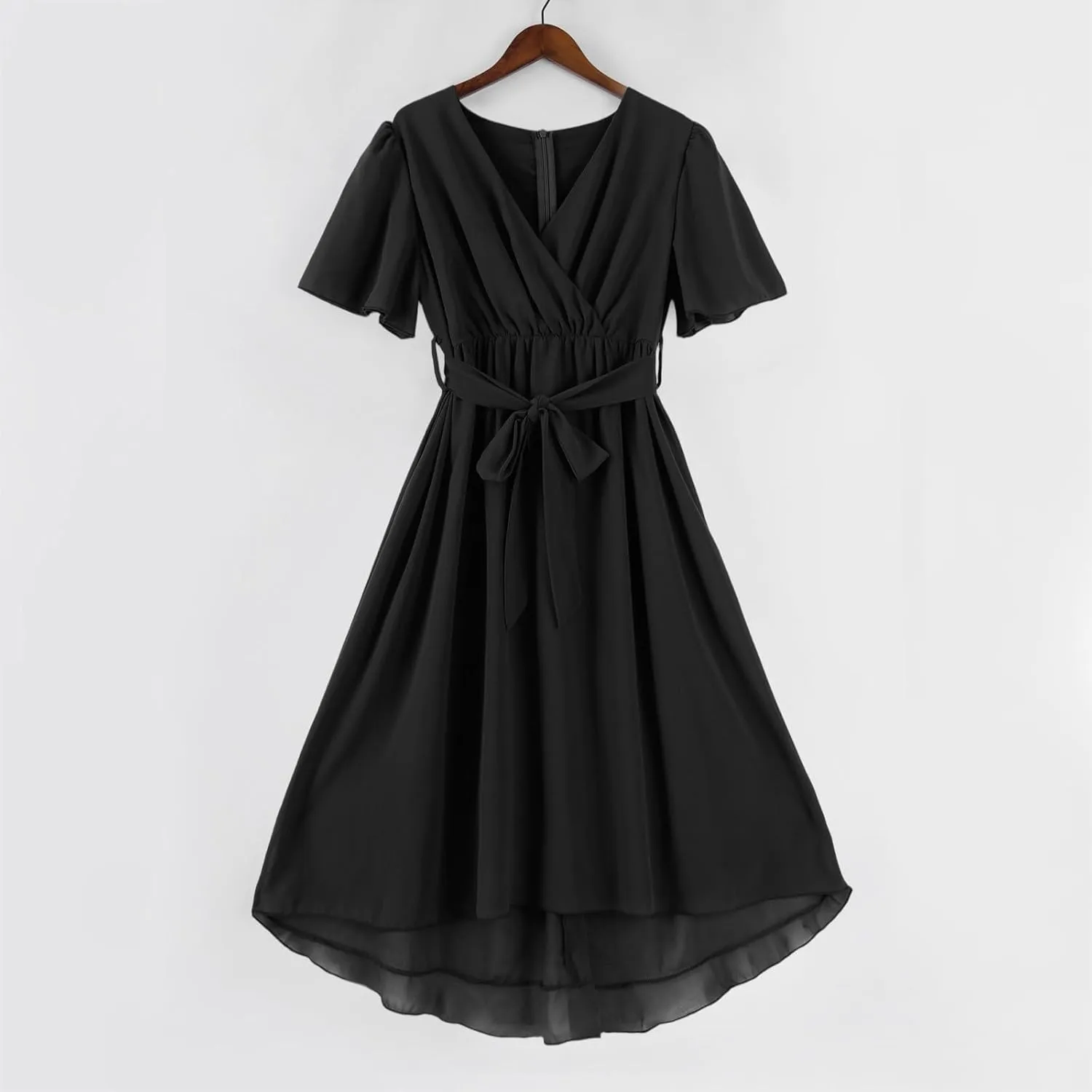 Summer Women's Tunic Dress Casual Fashion Solid Color Short Sleeve Deep V Neck Strapless Pleated Hem Dresses