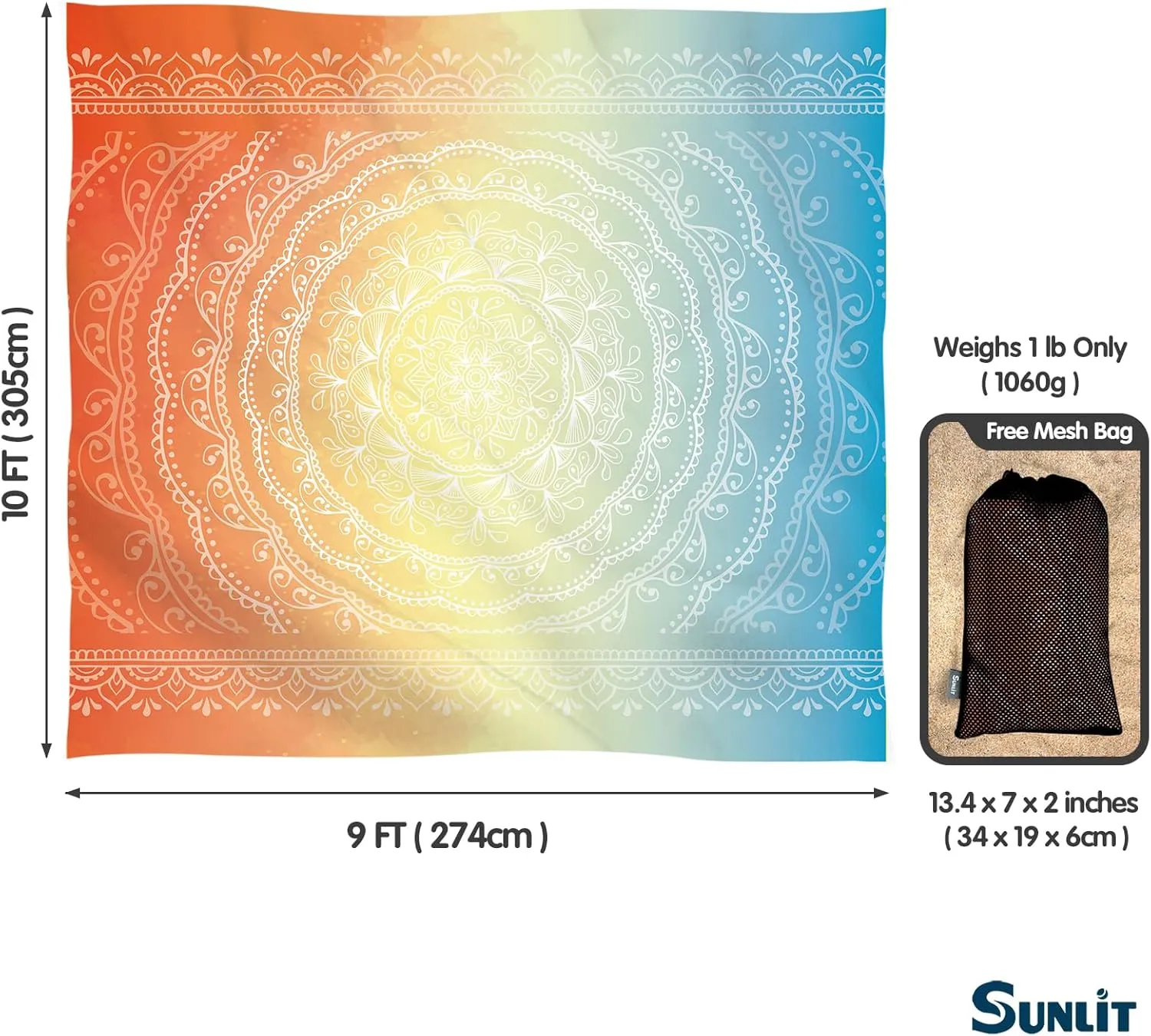 Sunlit Silky Soft Sand Proof Beach Blanket 106"x81" / 85"x72" Sand Proof Mat with Corner Pockets and Mesh Bag for Beach Party, Travel, Camping and Outdoor Music Festival, Mandala