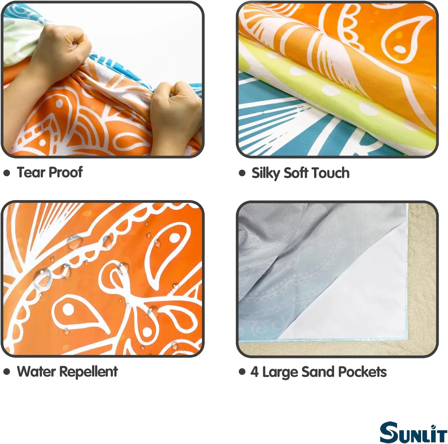 Sunlit Silky Soft Sand Proof Beach Blanket 106"x81" / 85"x72" Sand Proof Mat with Corner Pockets and Mesh Bag for Beach Party, Travel, Camping and Outdoor Music Festival, Mandala