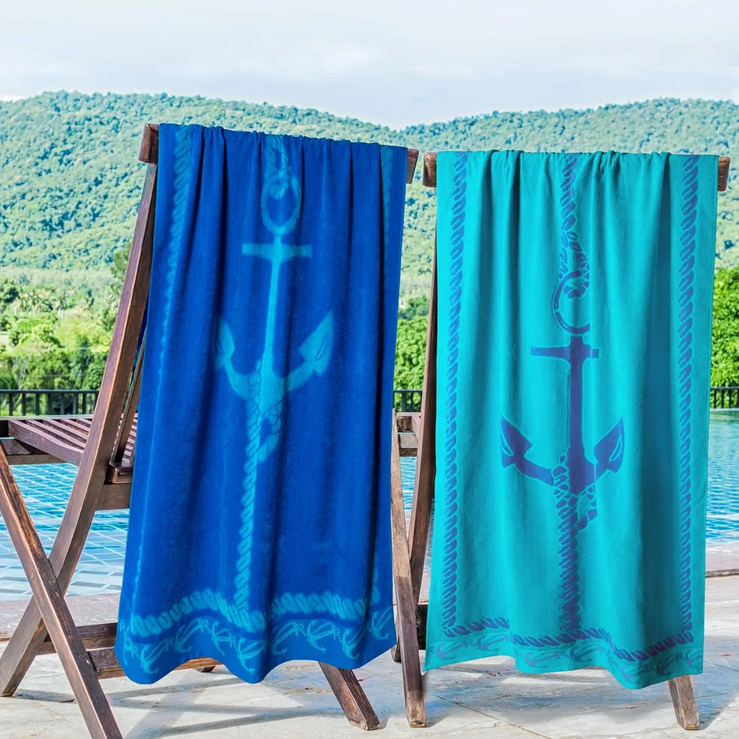 Superior Cotton Beach Towels, Nautical Towel for Kids, Adults, Pool, Swimming, Travel, Vacation, Quick Dry, Shower, Bathroom, Home Basics, Fisherman Anchor Collection, 34" x 64", Blue/Teal, 2 Piece