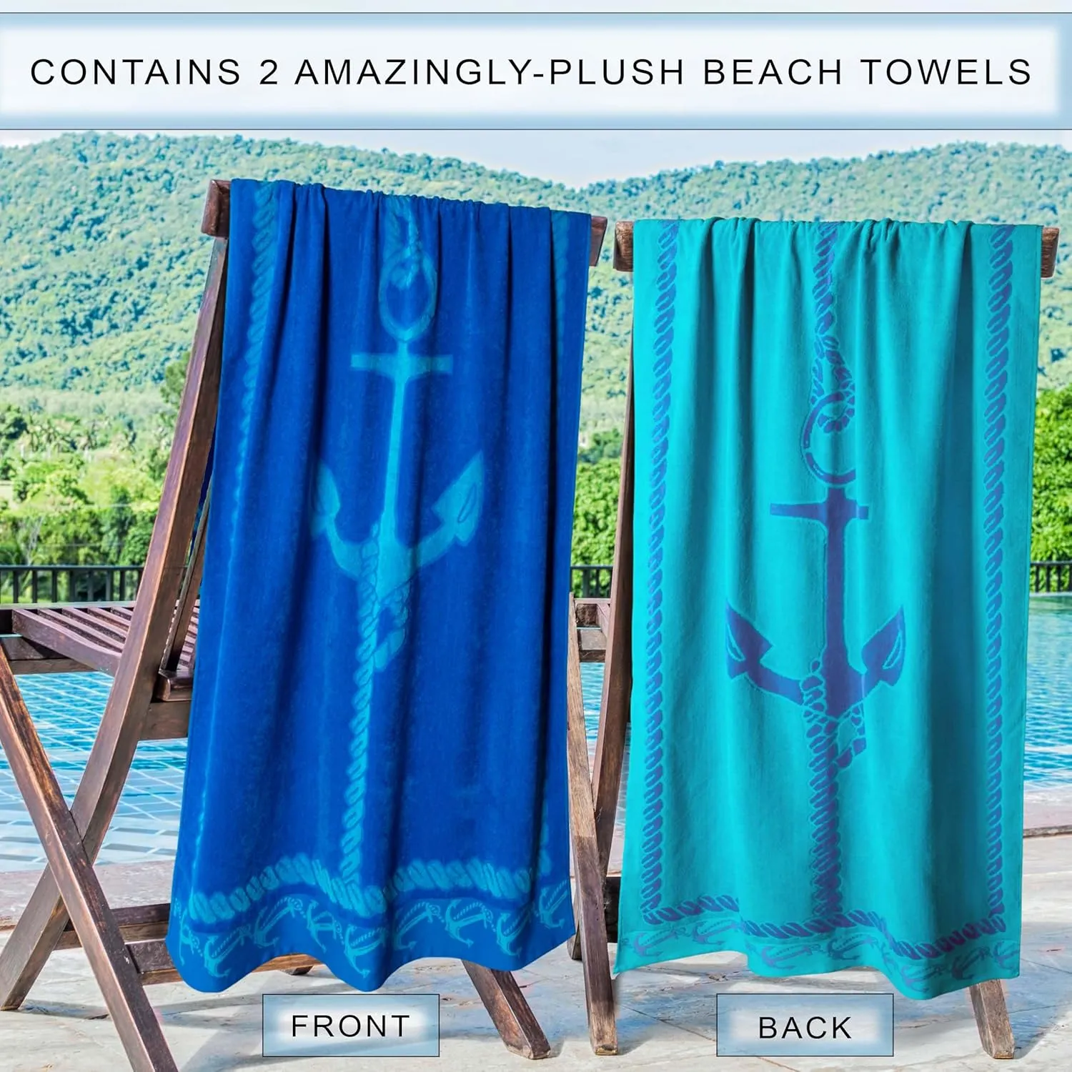 Superior Cotton Beach Towels, Nautical Towel for Kids, Adults, Pool, Swimming, Travel, Vacation, Quick Dry, Shower, Bathroom, Home Basics, Fisherman Anchor Collection, 34" x 64", Blue/Teal, 2 Piece