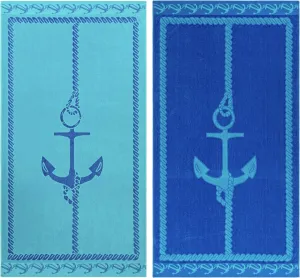 Superior Cotton Beach Towels, Nautical Towel for Kids, Adults, Pool, Swimming, Travel, Vacation, Quick Dry, Shower, Bathroom, Home Basics, Fisherman Anchor Collection, 34" x 64", Blue/Teal, 2 Piece