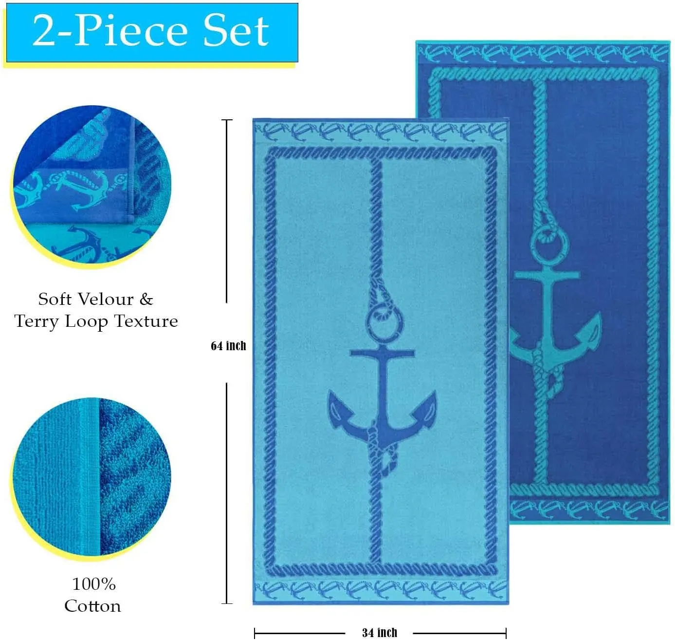 Superior Cotton Beach Towels, Nautical Towel for Kids, Adults, Pool, Swimming, Travel, Vacation, Quick Dry, Shower, Bathroom, Home Basics, Fisherman Anchor Collection, 34" x 64", Blue/Teal, 2 Piece