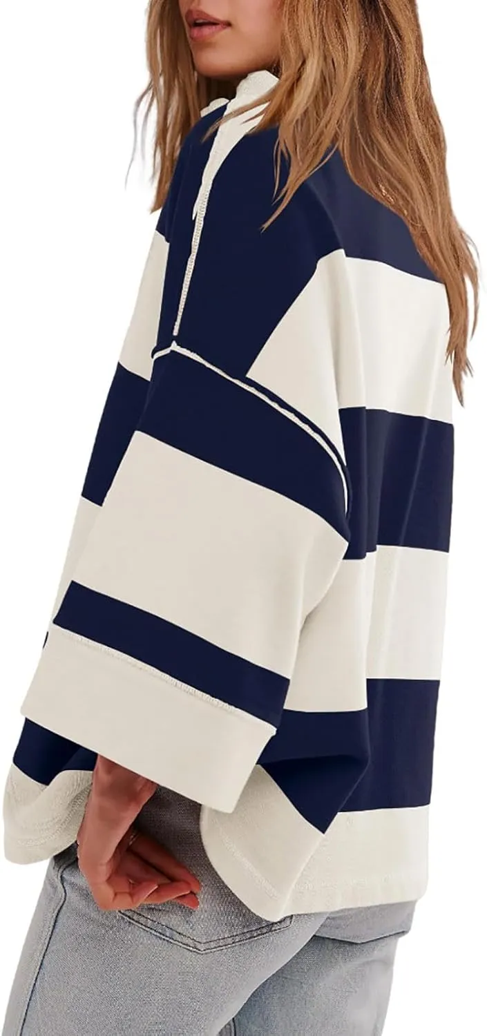 Sweatshirt for Women Trendy V Neck Zipper Striped Graphic Long Sleeve Shirt Plus Size Fall Blouses for Women 2024