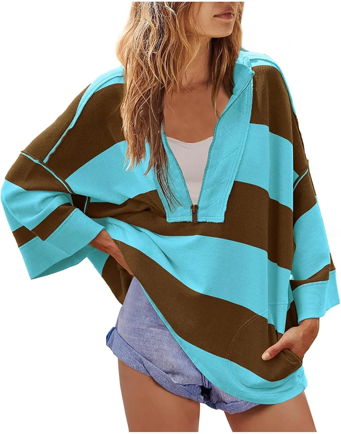 Sweatshirt for Women Trendy V Neck Zipper Striped Graphic Long Sleeve Shirt Plus Size Fall Blouses for Women 2024