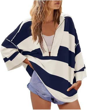 Sweatshirt for Women Trendy V Neck Zipper Striped Graphic Long Sleeve Shirt Plus Size Fall Blouses for Women 2024
