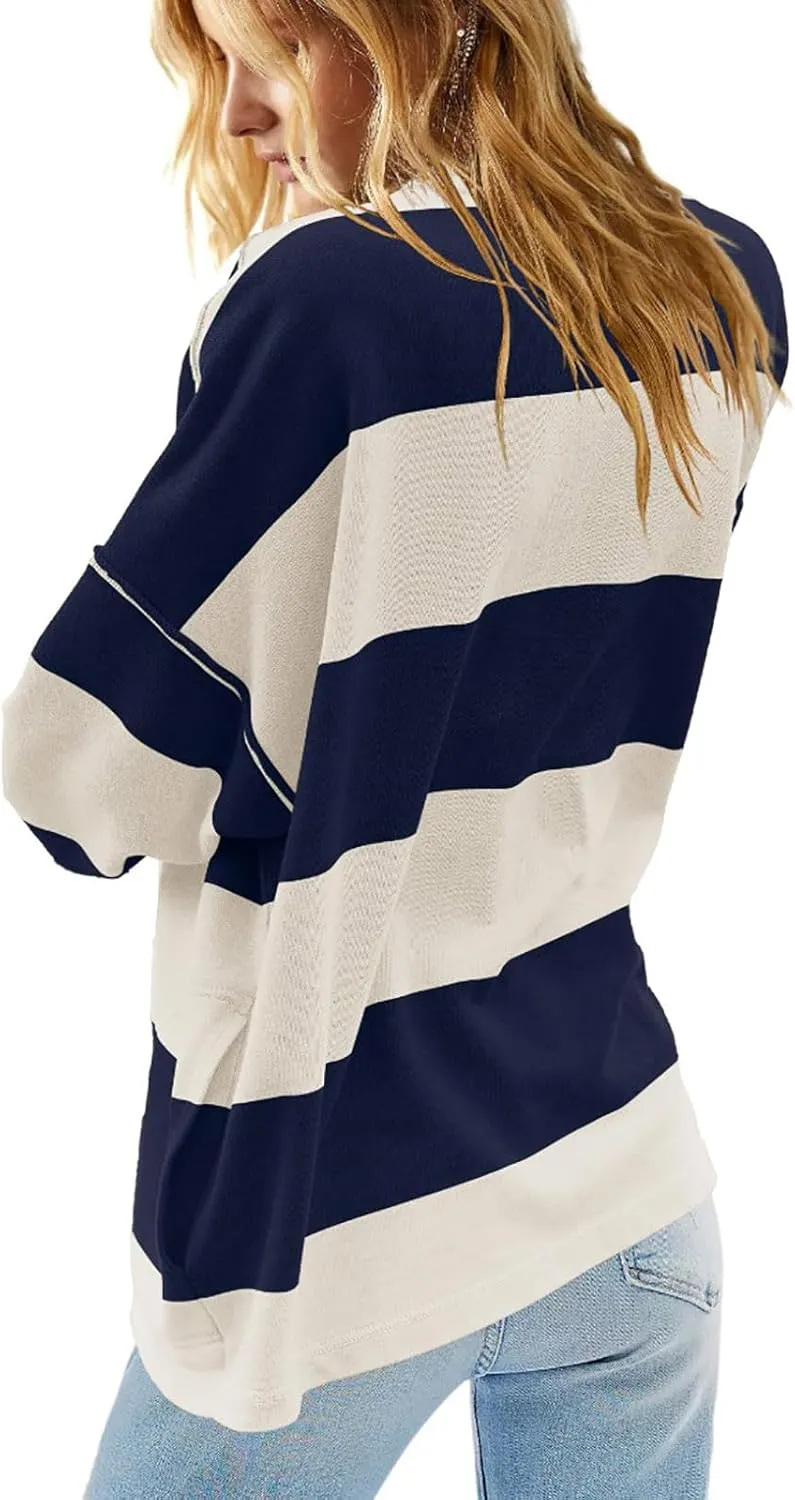 Sweatshirt for Women Trendy V Neck Zipper Striped Graphic Long Sleeve Shirt Plus Size Fall Blouses for Women 2024