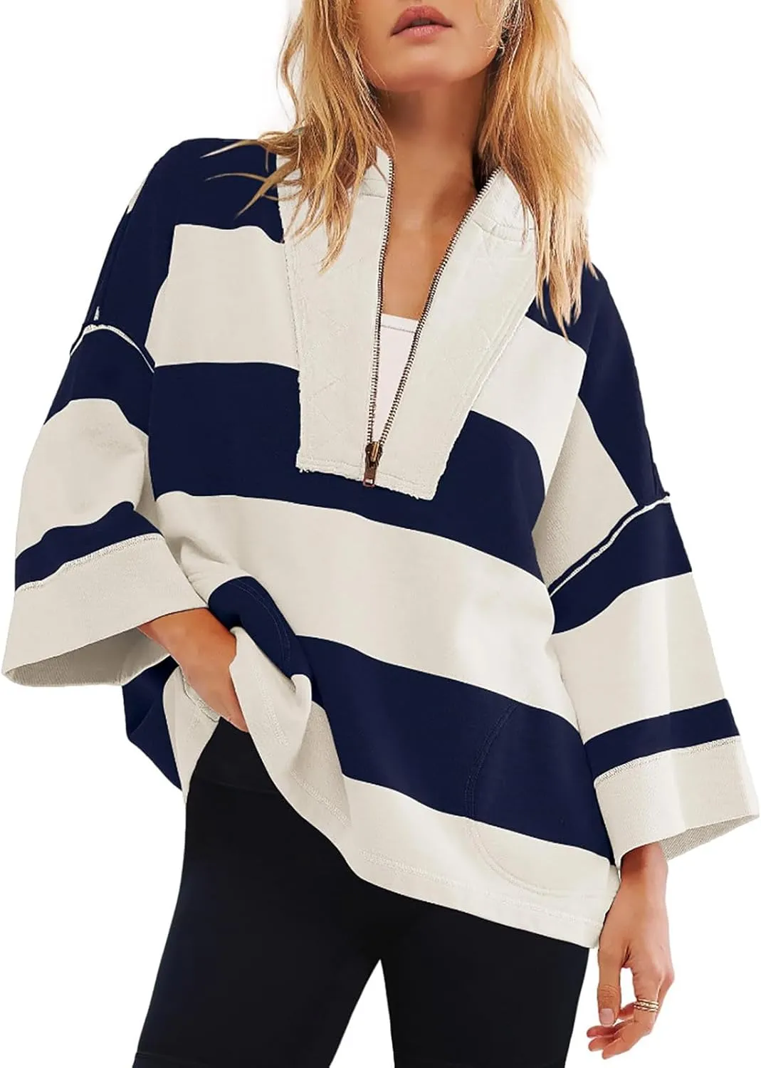 Sweatshirt for Women Trendy V Neck Zipper Striped Graphic Long Sleeve Shirt Plus Size Fall Blouses for Women 2024