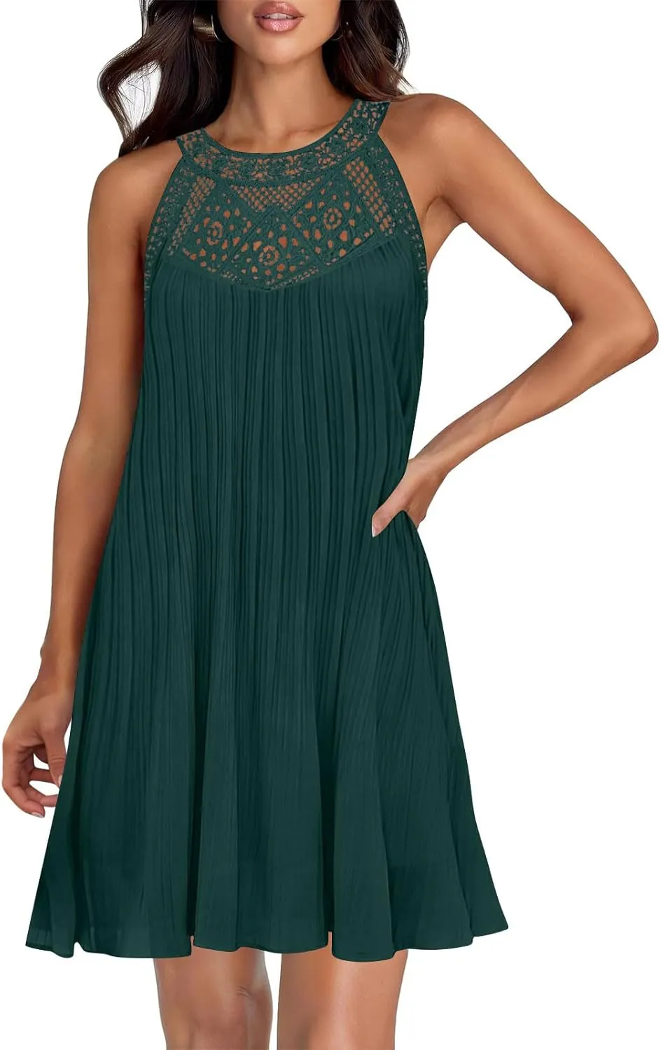 Swimsuit Cover Up for Women Crochet Hollow Out Lace Chiffon Mini Dress Summer Sleeveless Beach Flowy Tank Dresses