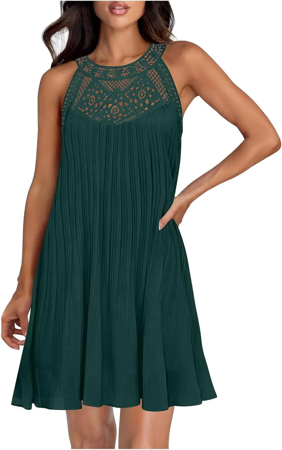 Swimsuit Cover Up for Women Crochet Hollow Out Lace Chiffon Mini Dress Summer Sleeveless Beach Flowy Tank Dresses