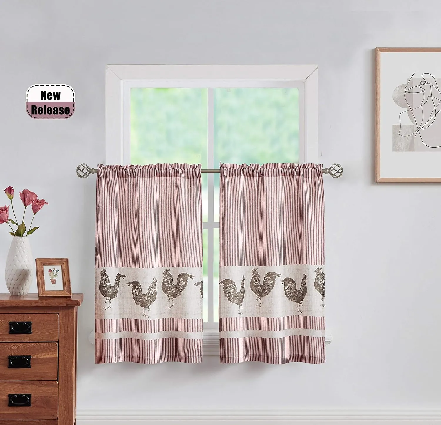 SXZJTEX Farmhouse Rooster Kitchen Boho Rustic Curtains Tier, Rod Pocket Panels for Living Room,Kitchen, Bathroom and Cafa, 27''W x 24'' L, 2 Panels,Red