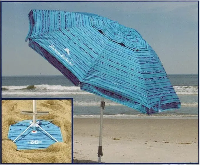 T0MMY BAHAMA 8 ft Beach Umbrella with wind vent and sand anchor