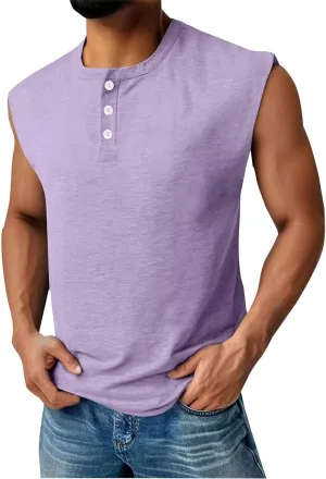 Tank Tops for Men Sleeveless Muscle Gym Workout Henley Shirts Beach Summer Vintage Button Down Tank Tops with Pocket