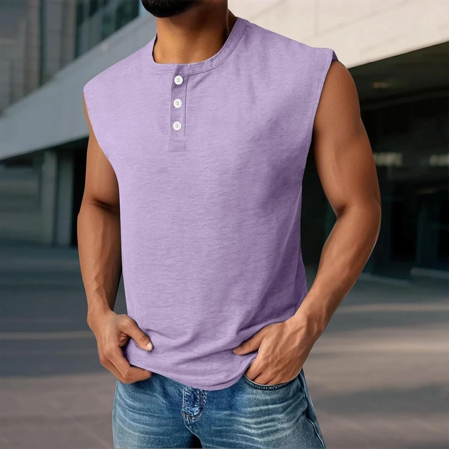 Tank Tops for Men Sleeveless Muscle Gym Workout Henley Shirts Beach Summer Vintage Button Down Tank Tops with Pocket
