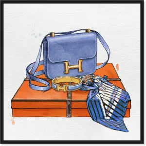 The Oliver Gal Artist Co. Fashion and Glam Framed Wall Art Canvas Prints 'My Bag Collection VI' Handbags Home Décor, 12" x 12", Blue, Orange