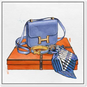 The Oliver Gal Artist Co. Fashion and Glam Framed Wall Art Canvas Prints 'My Bag Collection VI' Handbags Home Décor, 24" x 24", Blue, Orange