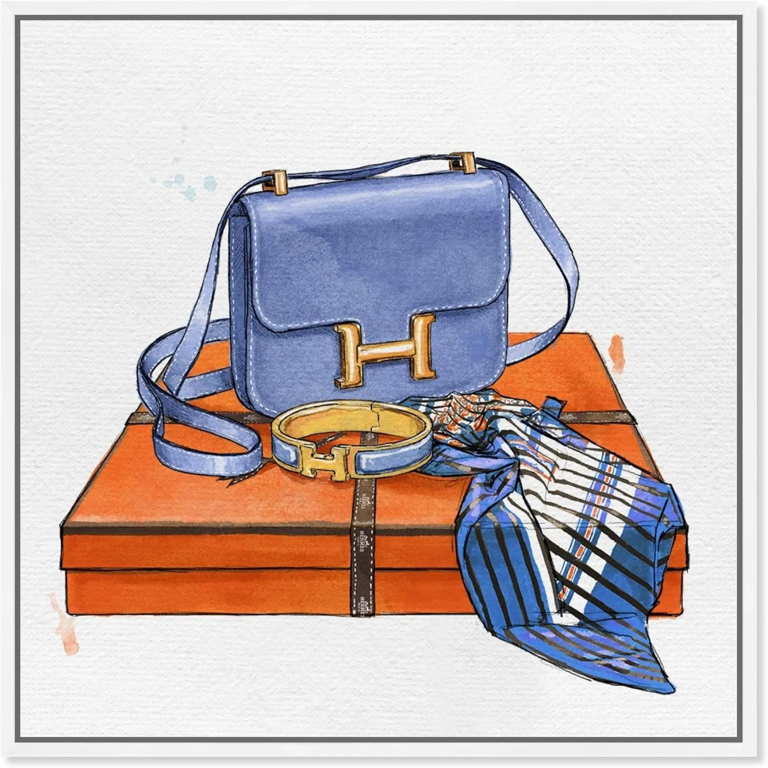 The Oliver Gal Artist Co. Fashion and Glam Framed Wall Art Canvas Prints 'My Bag Collection VI' Handbags Home Décor, 24" x 24", Blue, Orange