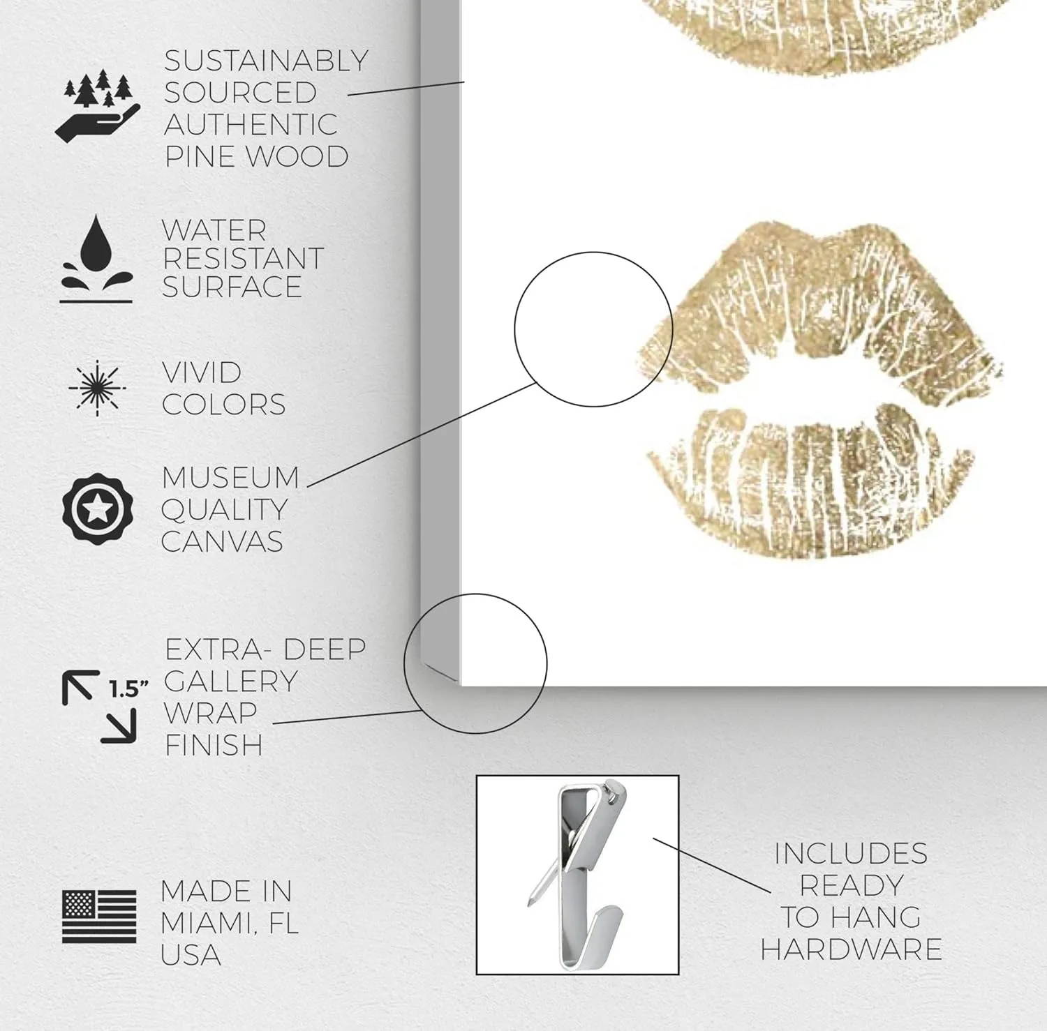 The Oliver Gal Artist Co. Fashion and Glam Wall Art Canvas Prints '24k Kisses' Home Décor, 16" x 16", White, Gold