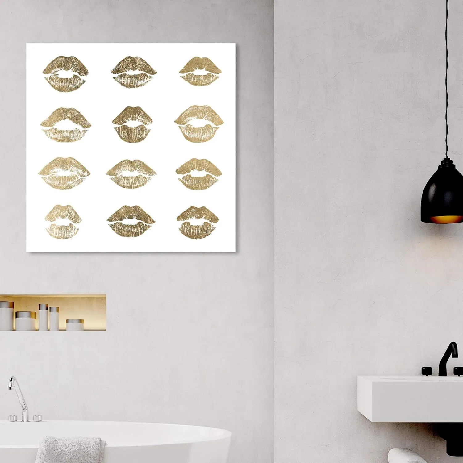 The Oliver Gal Artist Co. Fashion and Glam Wall Art Canvas Prints '24k Kisses' Home Décor, 16" x 16", White, Gold