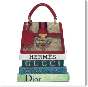 The Oliver Gal Artist Co. Fashion and Glam Wall Art Canvas Prints 'Doll Memories - Italian Bag and Fashion Books Square' Handbags