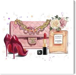 The Oliver Gal Artist Co. Fashion and Glam Wall Art Canvas Prints 'Doll Memories Roses Bag and Accessories Square' Essentials Home Décor, 12" x 12", Pink, White