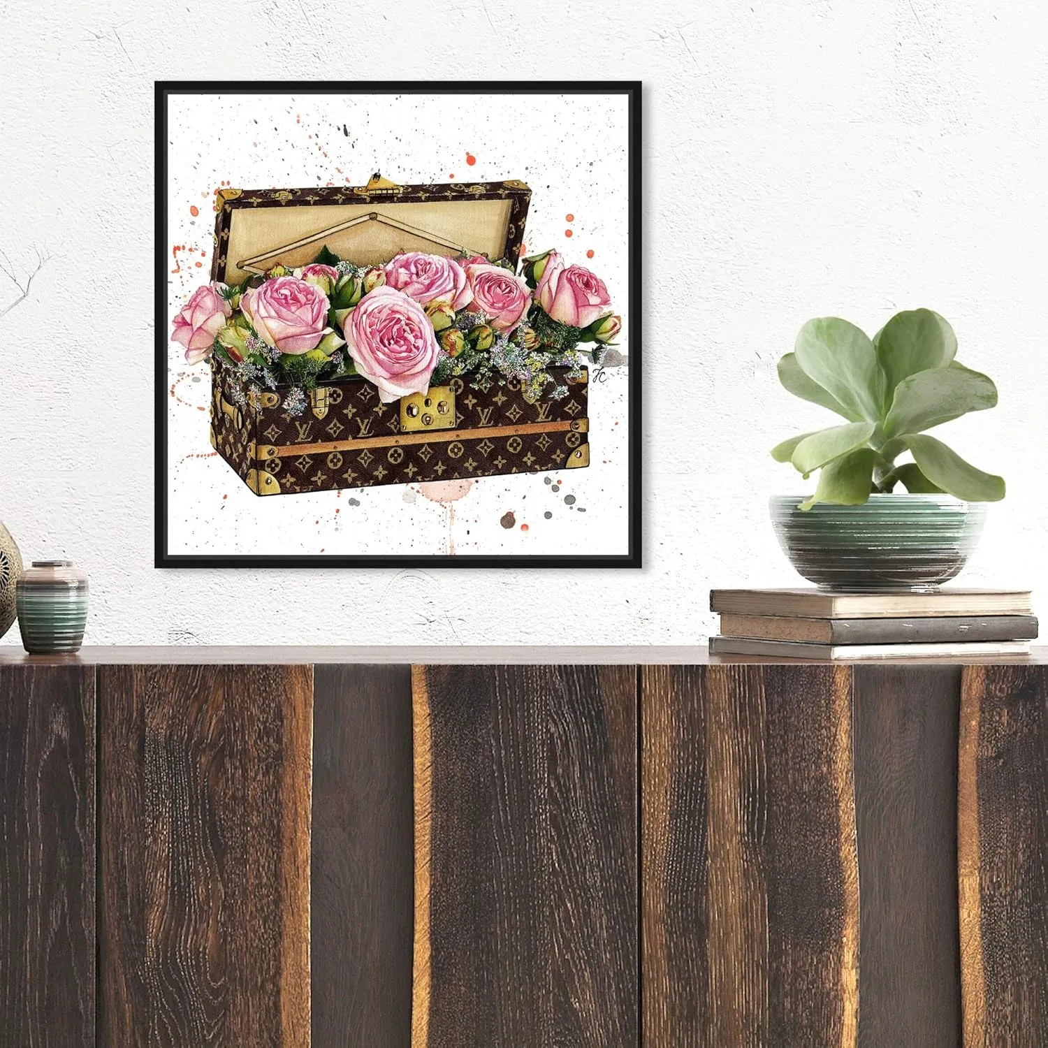 The Oliver Gal Artist Co. Fashion and Glam Wall Art Canvas Prints 'Doll Memories-Trunk Full of Flowers' Travel Essentials Home Décor, 16 in x 16 in, Pink, Brown