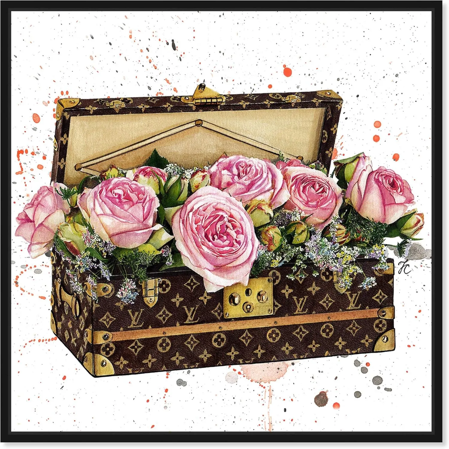 The Oliver Gal Artist Co. Fashion and Glam Wall Art Canvas Prints 'Doll Memories-Trunk Full of Flowers' Travel Essentials Home Décor, 16 in x 16 in, Pink, Brown