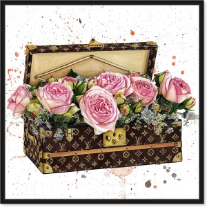The Oliver Gal Artist Co. Fashion and Glam Wall Art Canvas Prints 'Doll Memories-Trunk Full of Flowers' Travel Essentials Home Décor, 16 in x 16 in, Pink, Brown