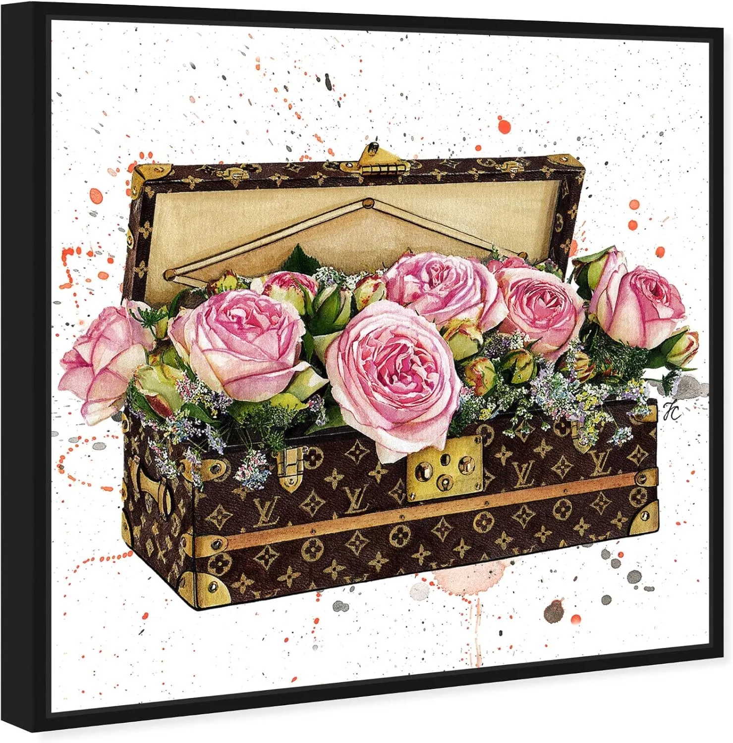 The Oliver Gal Artist Co. Fashion and Glam Wall Art Canvas Prints 'Doll Memories-Trunk Full of Flowers' Travel Essentials Home Décor, 16 in x 16 in, Pink, Brown