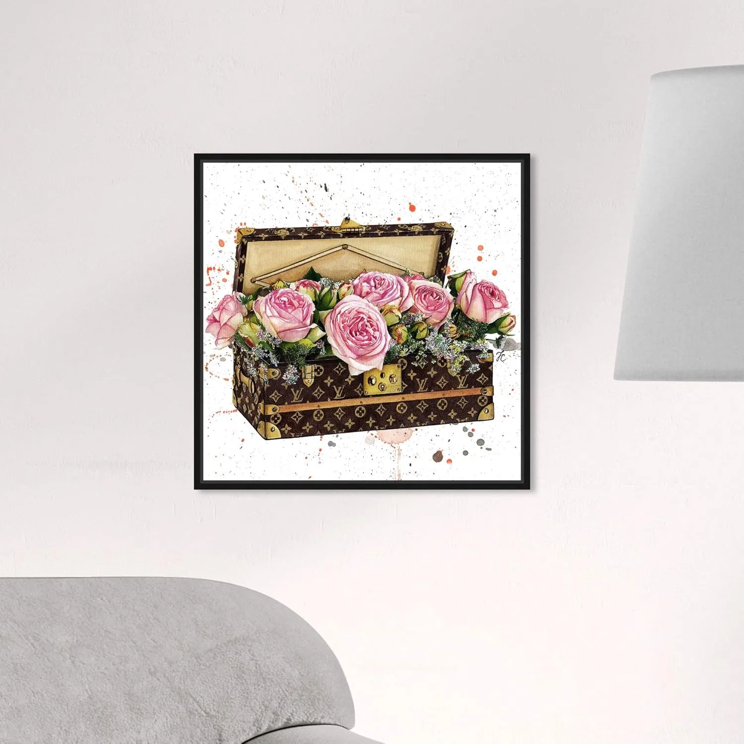 The Oliver Gal Artist Co. Fashion and Glam Wall Art Canvas Prints 'Doll Memories-Trunk Full of Flowers' Travel Essentials Home Décor, 16 in x 16 in, Pink, Brown