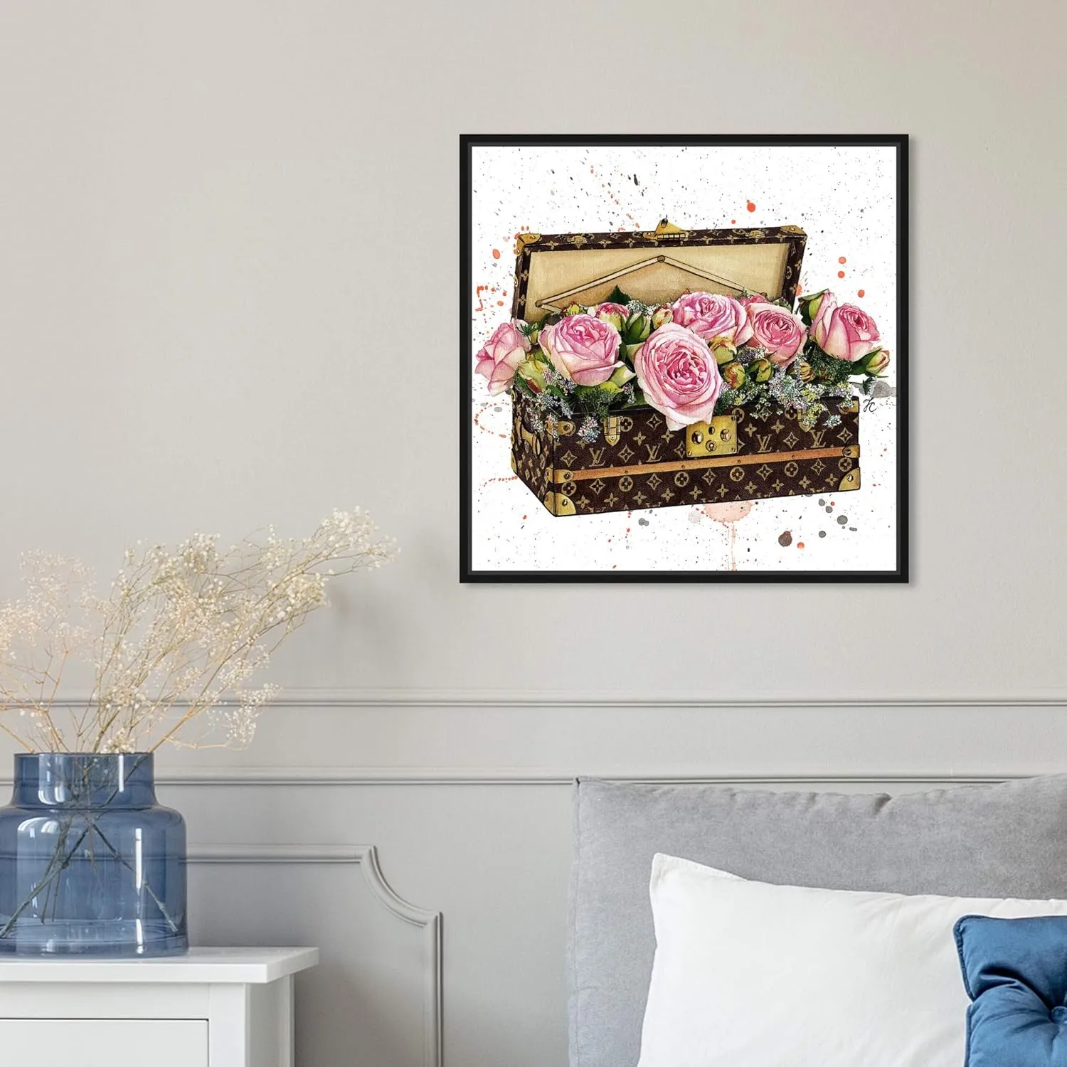 The Oliver Gal Artist Co. Fashion and Glam Wall Art Canvas Prints 'Doll Memories-Trunk Full of Flowers' Travel Essentials Home Décor, 16 in x 16 in, Pink, Brown