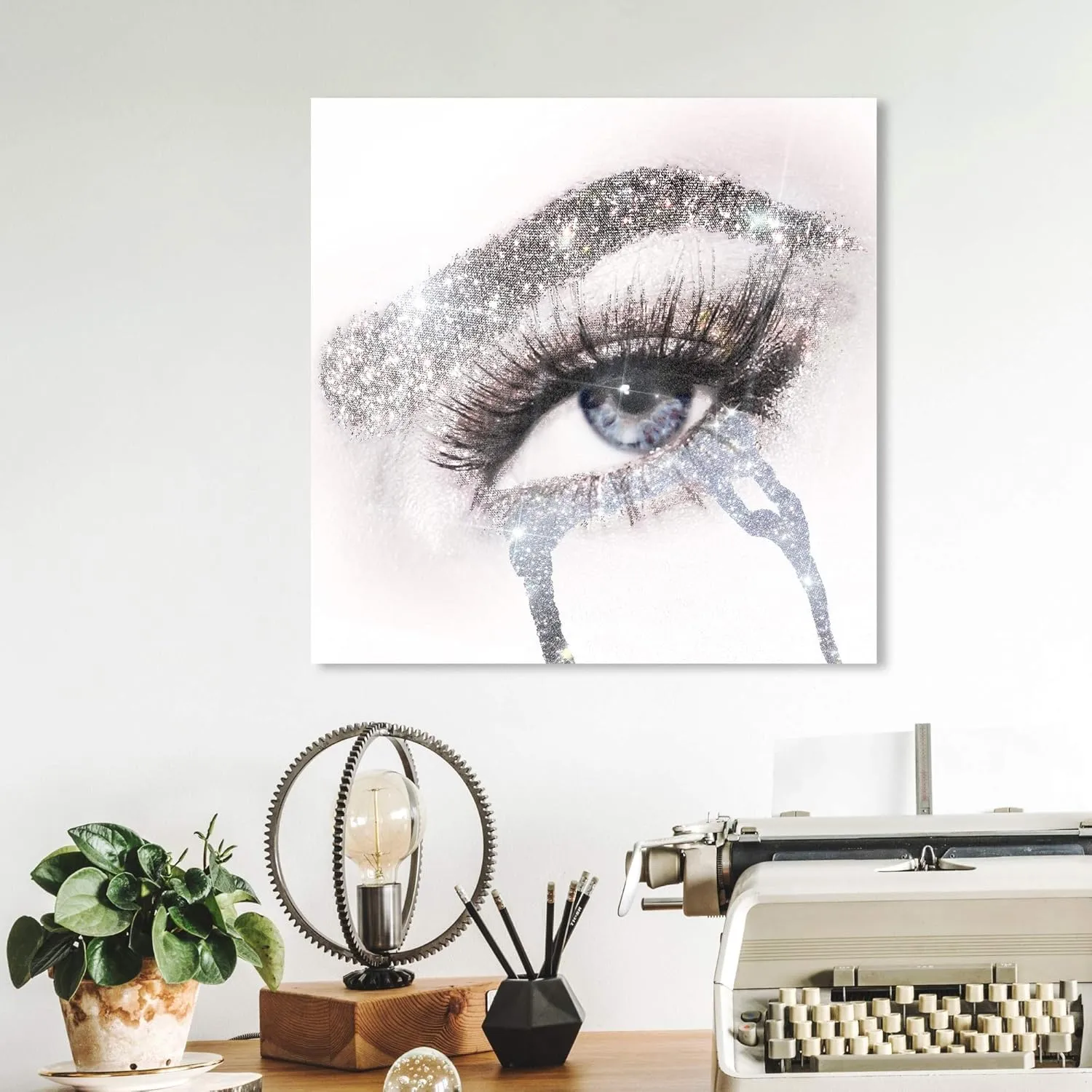 The Oliver Gal Artist Co. Fashion and Glam Wall Art Canvas Prints 'Eyes and Rhinestones Blue Silver' Mascara Home Décor, 12 in x 12 in, Gray, White