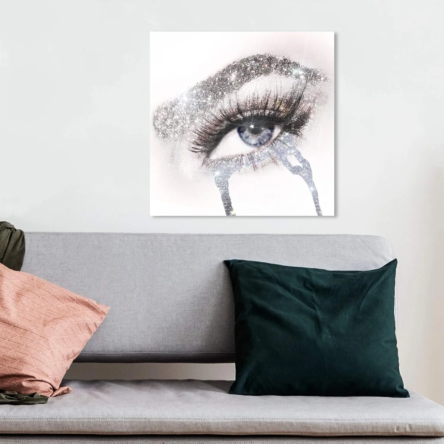The Oliver Gal Artist Co. Fashion and Glam Wall Art Canvas Prints 'Eyes and Rhinestones Blue Silver' Mascara Home Décor, 12 in x 12 in, Gray, White