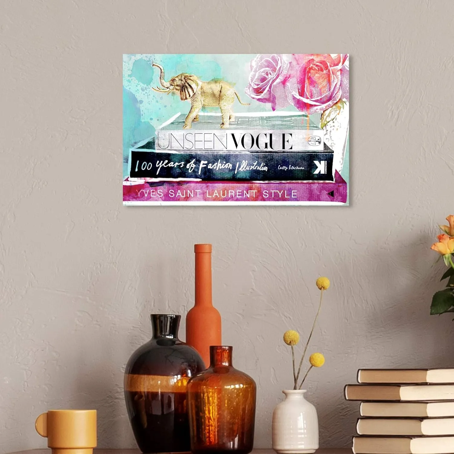The Oliver Gal Artist Co. Fashion and Glam Wall Art Canvas Prints 'Library of a Fashionista' Home Décor, 15 in x 10 in, Pink, Turquoise