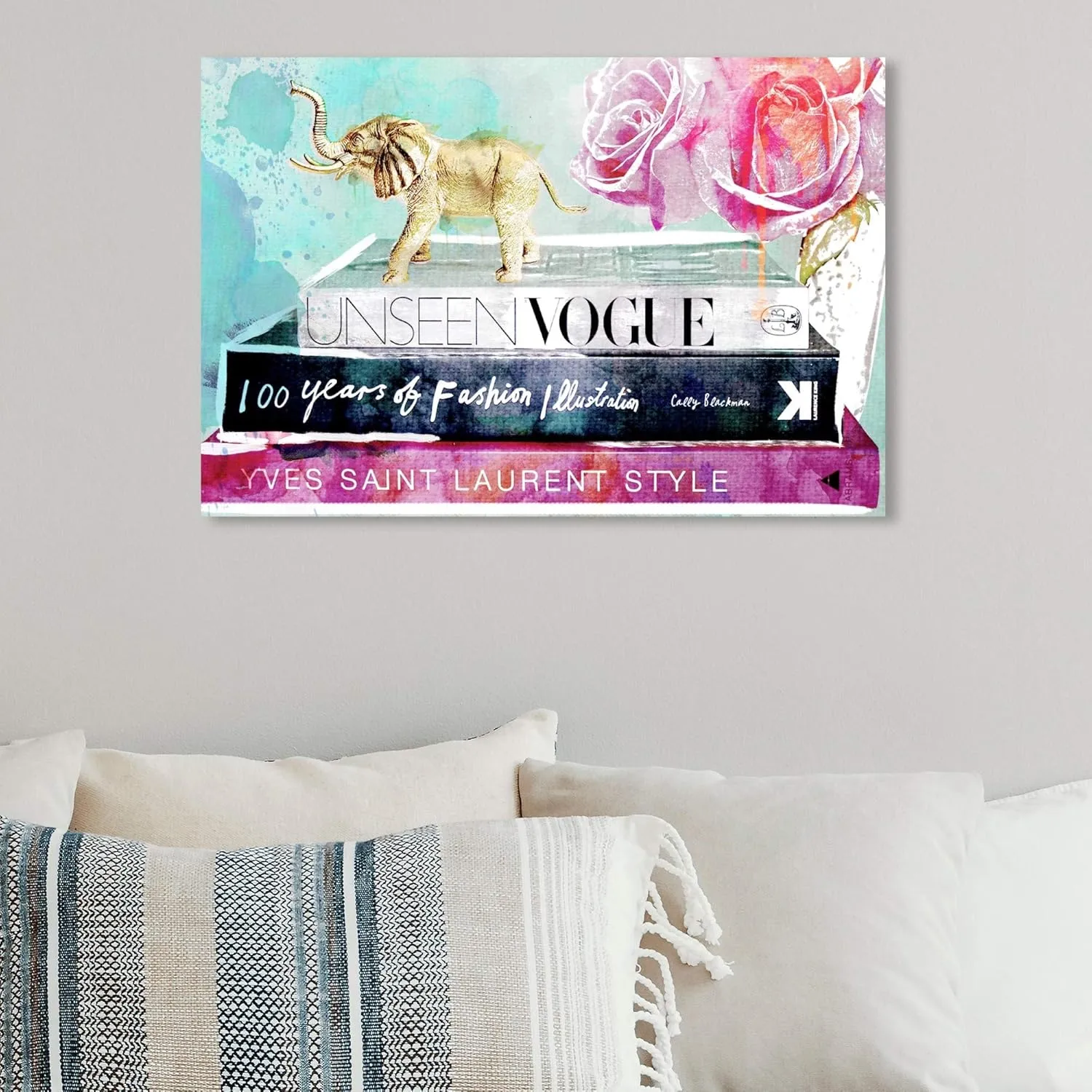 The Oliver Gal Artist Co. Fashion and Glam Wall Art Canvas Prints 'Library of a Fashionista' Home Décor, 15 in x 10 in, Pink, Turquoise