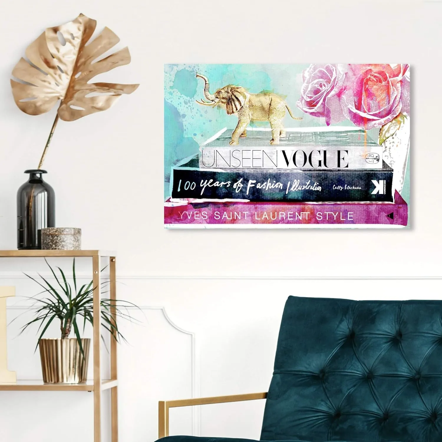 The Oliver Gal Artist Co. Fashion and Glam Wall Art Canvas Prints 'Library of a Fashionista' Home Décor, 15 in x 10 in, Pink, Turquoise