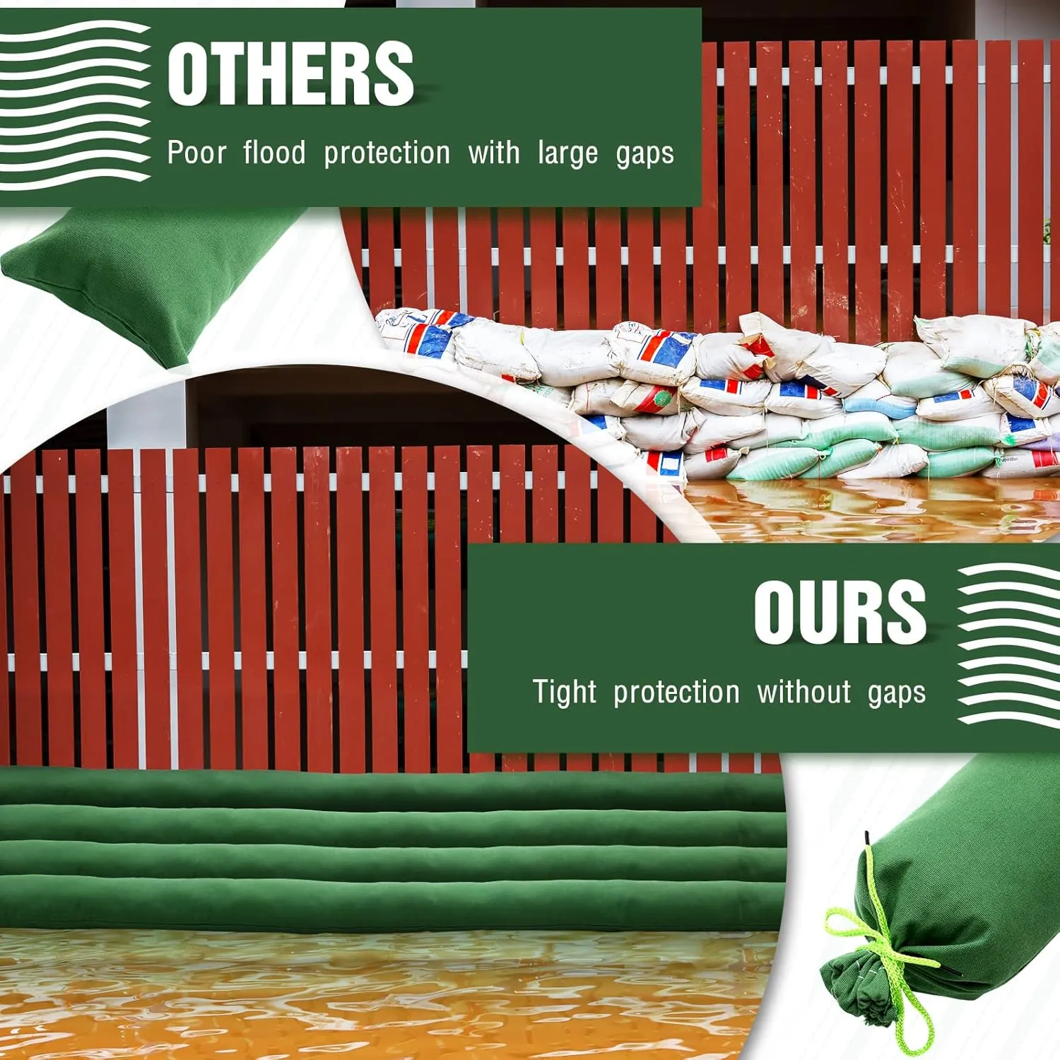 Threan 8 Pcs Long Canvas Sandbags Flood Protection Thickened Reusable Sand Bags Rain Wind Flood Barrier with Elastic Band Water Barrier Tube for Door Rain Water Control, Green (4ft)