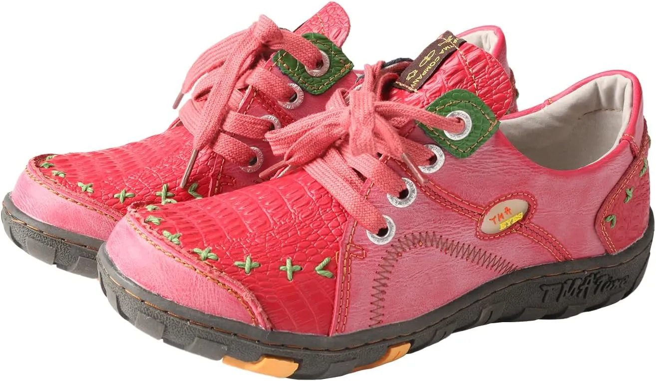 TMA EYES Women's Retro Lace up Sneakers Versatile Casual Walking Shoes Crocodile Pattern Patchwork Upper Comfort and Fashion