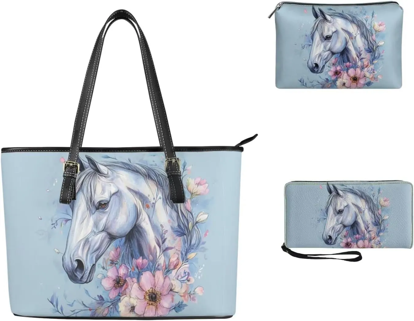 Tote Bag with Zipper Womens Leathe Handbags and Clutch Wallet Set Fashion Daypack