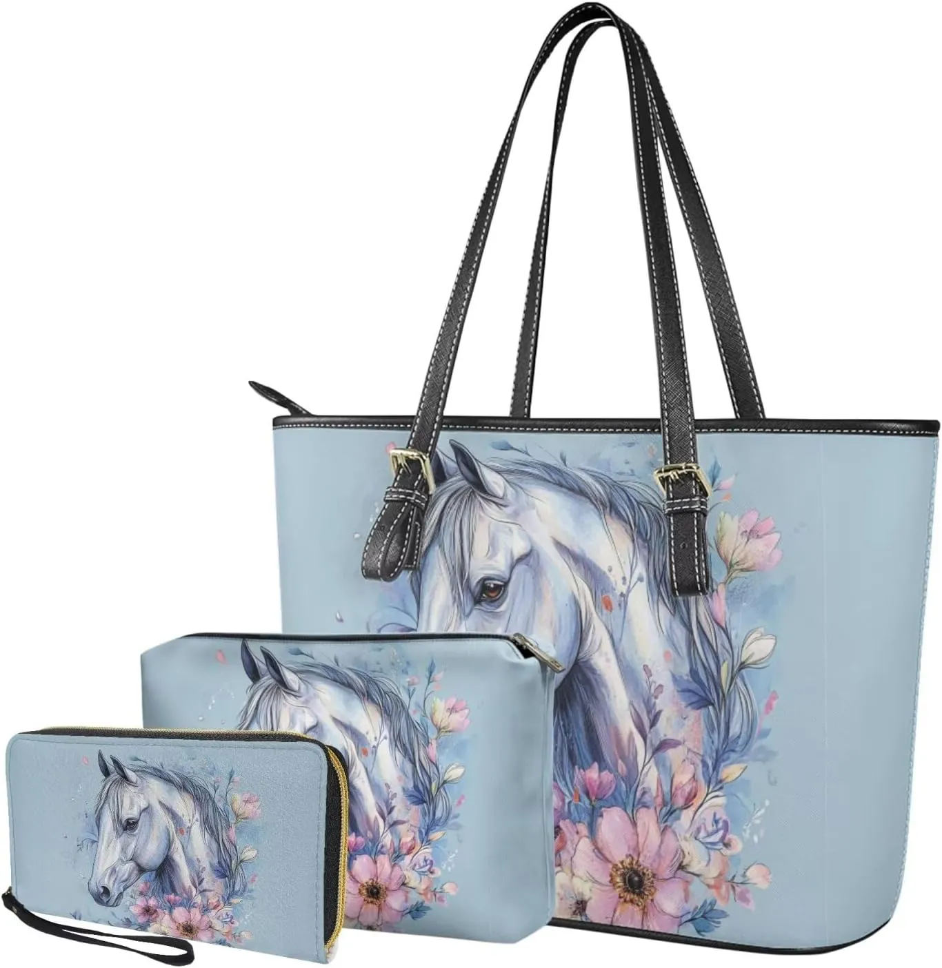 Tote Bag with Zipper Womens Leathe Handbags and Clutch Wallet Set Fashion Daypack
