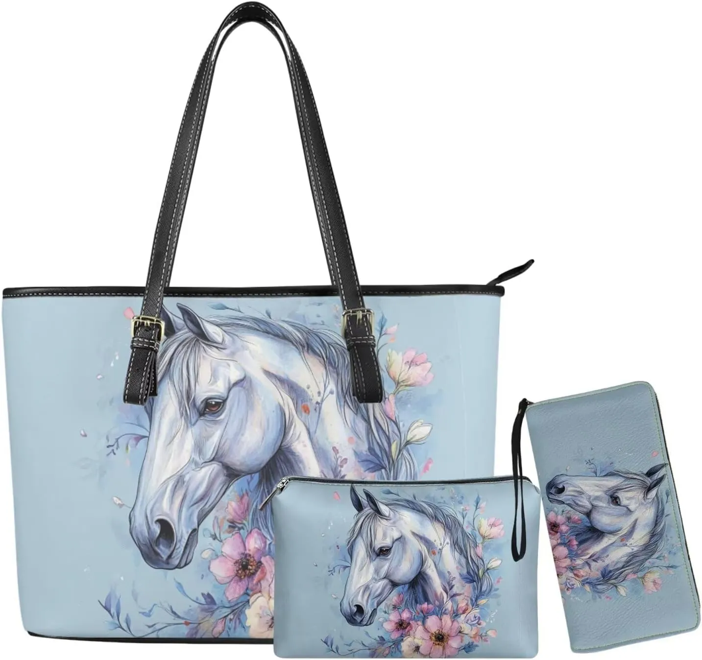 Tote Bag with Zipper Womens Leathe Handbags and Clutch Wallet Set Fashion Daypack