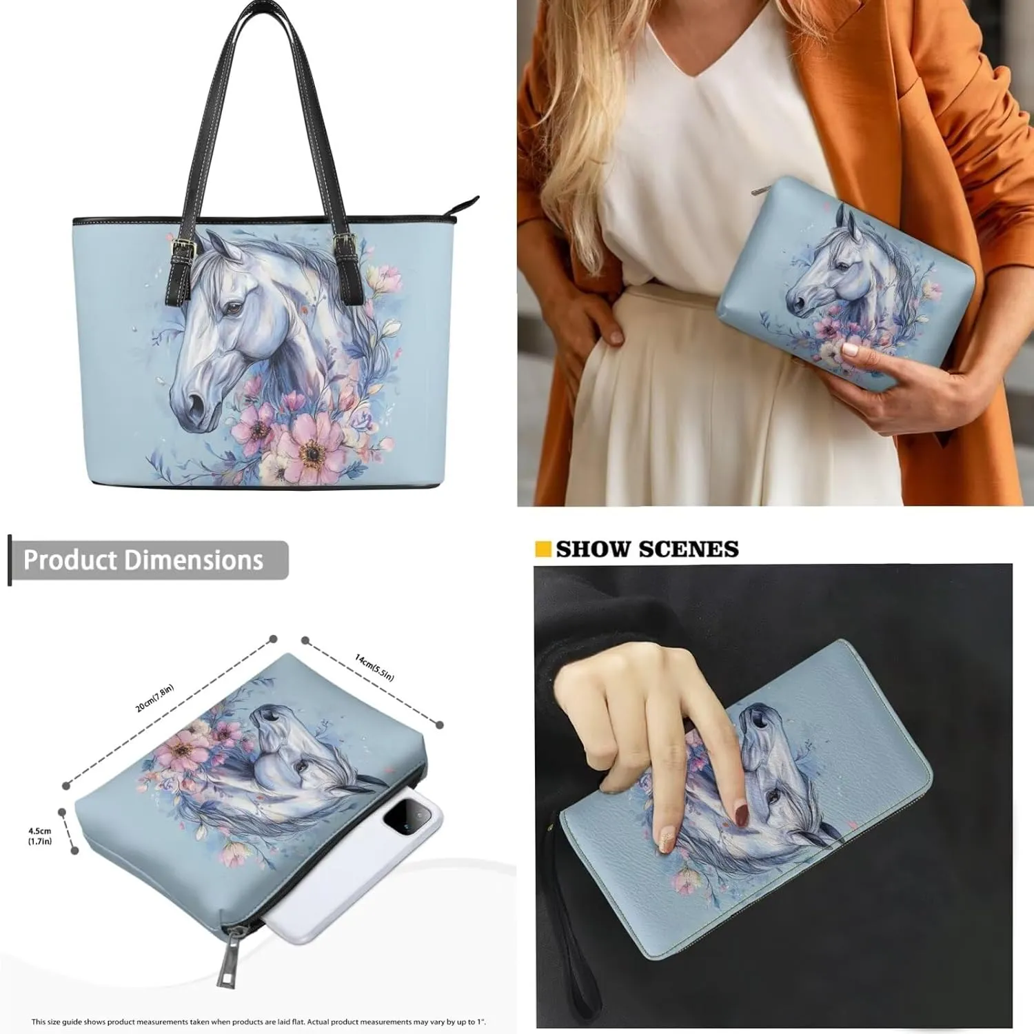 Tote Bag with Zipper Womens Leathe Handbags and Clutch Wallet Set Fashion Daypack