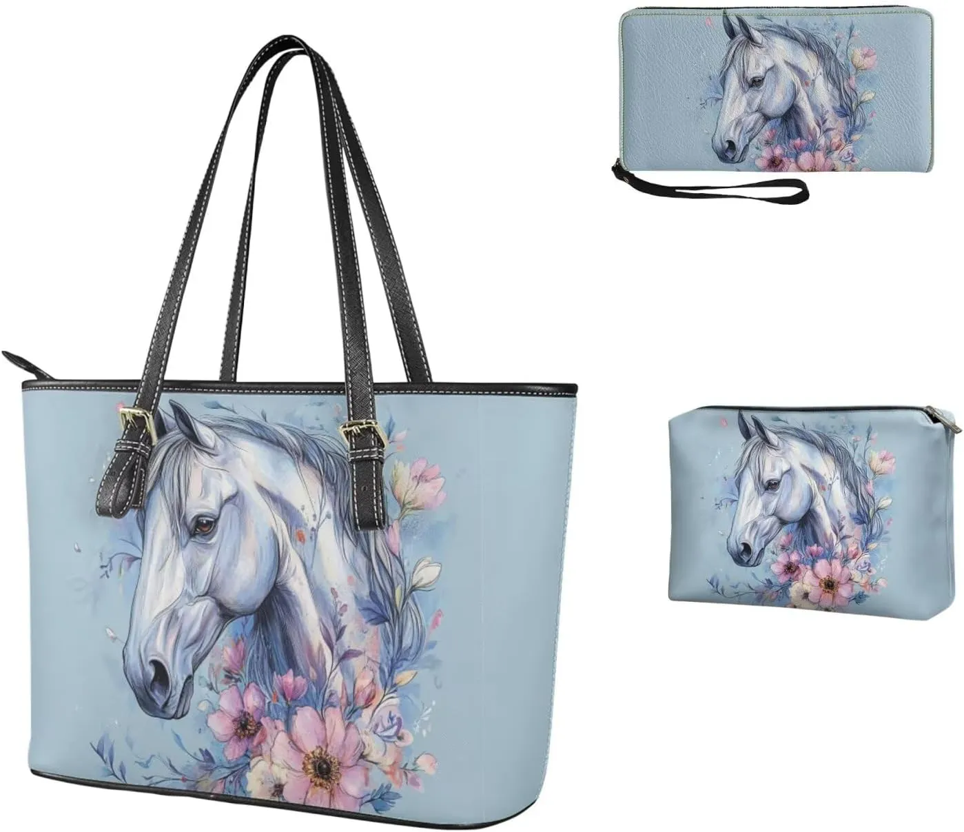 Tote Bag with Zipper Womens Leathe Handbags and Clutch Wallet Set Fashion Daypack