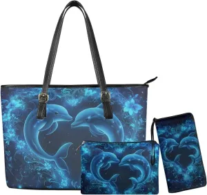 Tote Bag with Zipper Womens Leathe Handbags and Clutch Wallet Set Fashion Daypack
