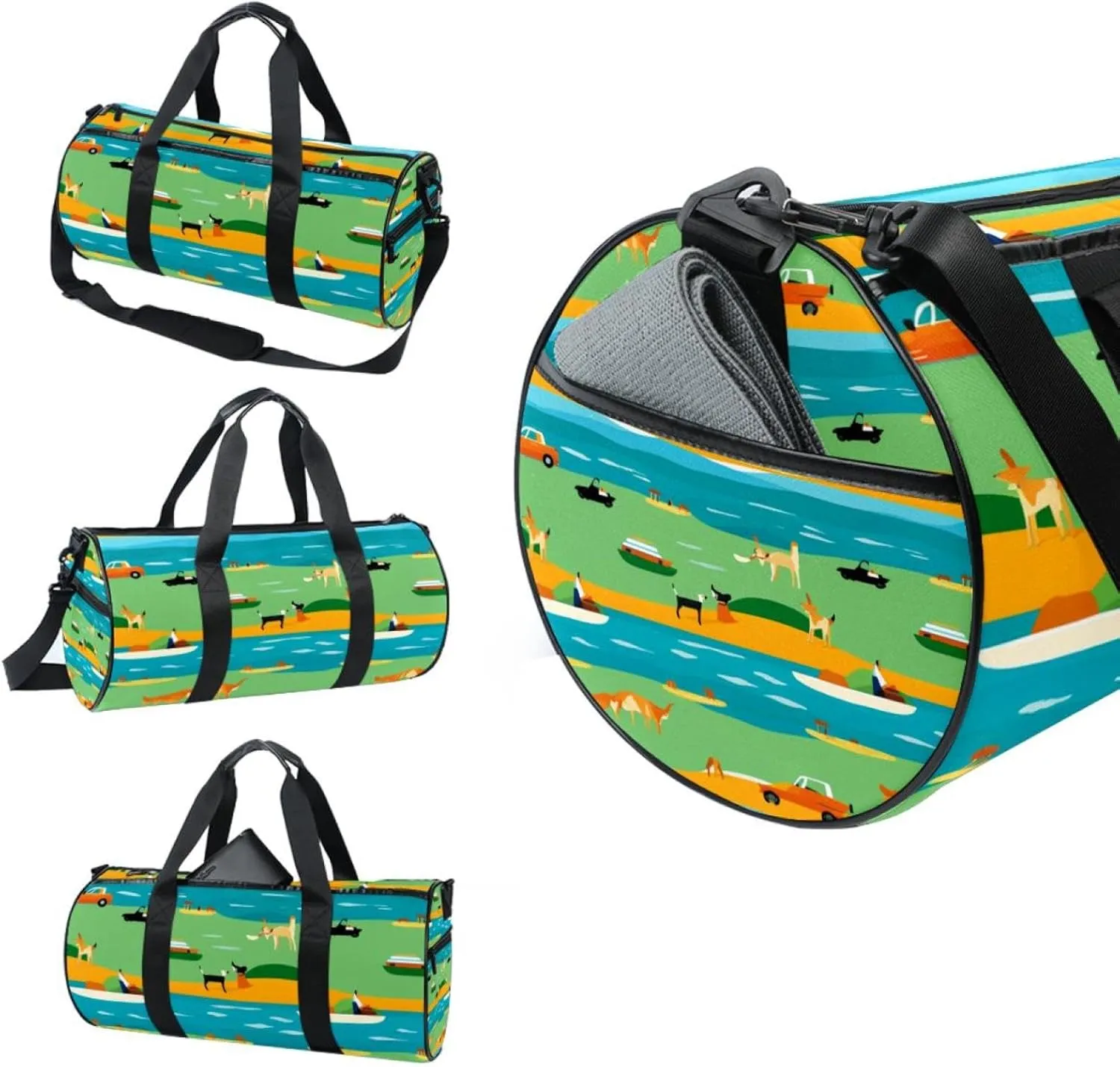 Travel Bag,Mens Gym Bag,Womens Gym Bag,Blue Yellow Green Striped Fox,Sports Bag