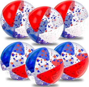 TURNMEON 6 Pack 20 Inch Patriotic Inflatable Beach Balls Bulk, 4th of July Confetti Red White and Blue Large Beach Ball for Kids Adults Beach & Summer Pool Party Decorations,Outdoor Pool Toys Game