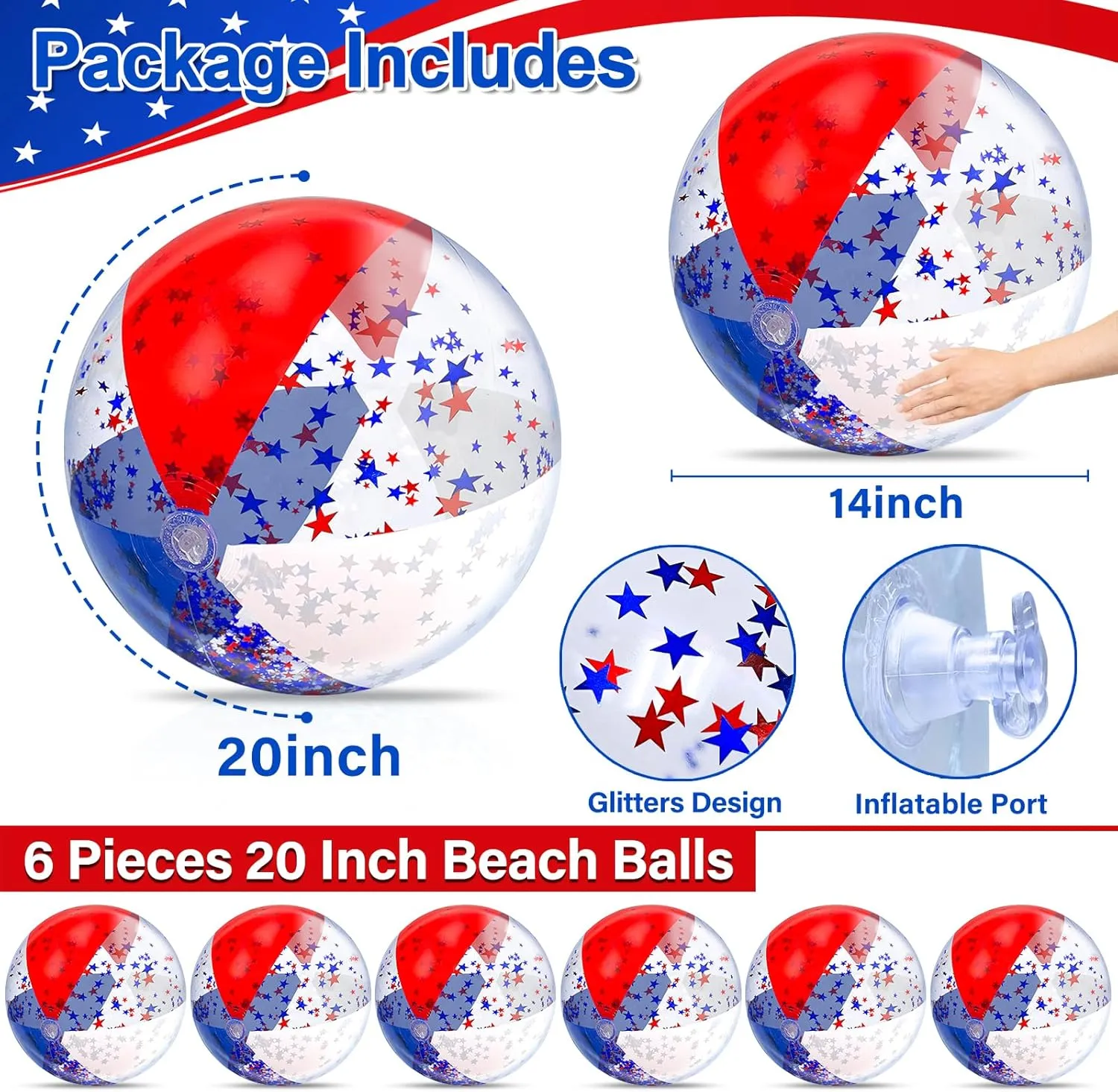 TURNMEON 6 Pack 20 Inch Patriotic Inflatable Beach Balls Bulk, 4th of July Confetti Red White and Blue Large Beach Ball for Kids Adults Beach & Summer Pool Party Decorations,Outdoor Pool Toys Game