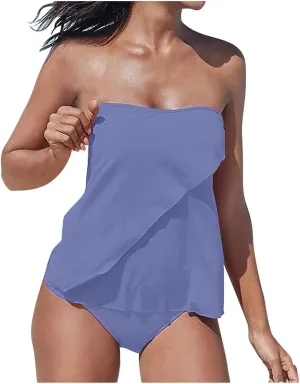Two Piece Tankini Bathing Suits for Women Tummy Control Swimsuit Bandeau Top Swimwear with Bikini Bottom